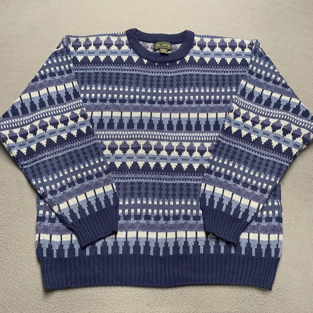 Neil Martin Sweater‎ Mens XL Blue Geometric Pattern Crewneck Acrylic Pullover